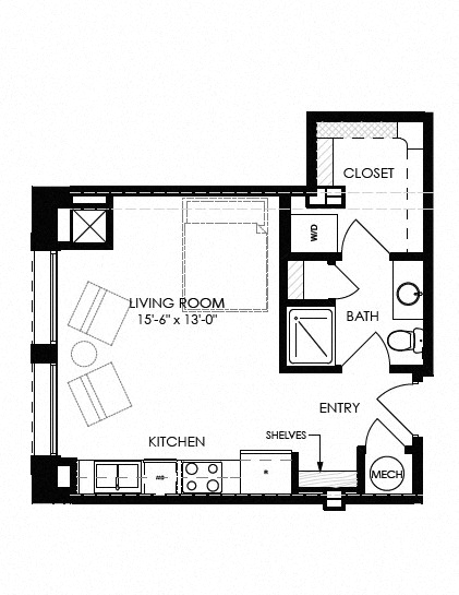 Floor plan for studio, 1 bath, 438 sqft